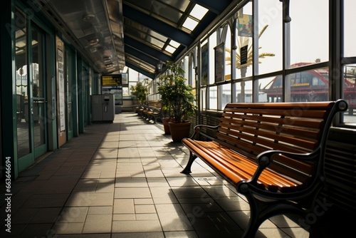 Waiting area near the ticket counter features a bench for travelers