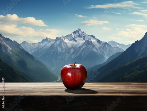 An apple is placed on a table in front of a mountain range generative ai © Generative Ai