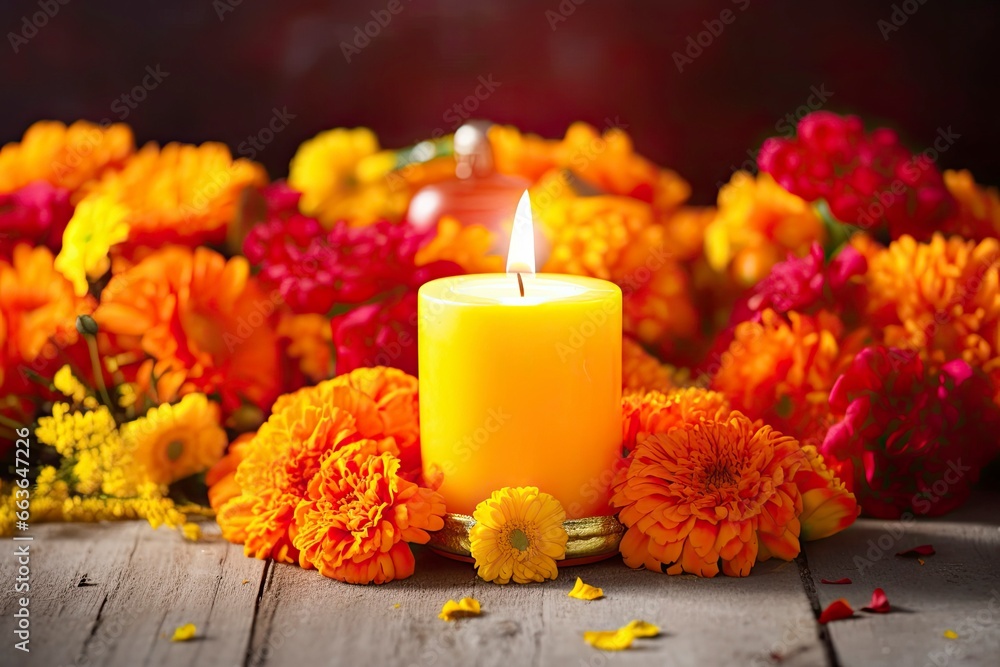 Candles and marigold flowers. Day of the dead concept dia de los muertos. Candles and marigold flowers. Day of the dead concept dia de los muertos.