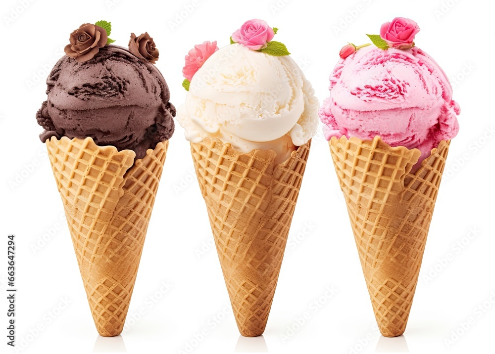 Chocolate, vanilla and strawberry Ice cream in the cone on white background. Chocolate, vanilla and strawberry Ice cream in the cone on white background.