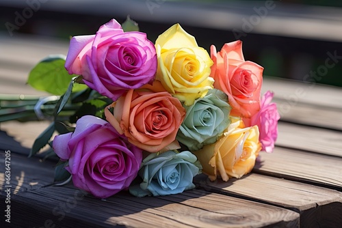 Fototapeta Naklejka Na Ścianę i Meble -  Bunch of multi colored roses on wooden planks, happy birthday lying on planks.