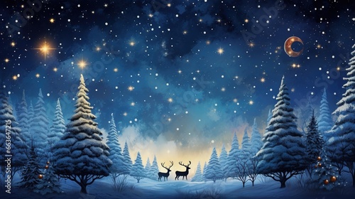 Christmas snowman with glowing trees and ornaments in a serene winter landscape, shining star, and crescent moon in falling snowflakes starry night. Christmas background - Christmas backdrop  © EverydayStudioArt