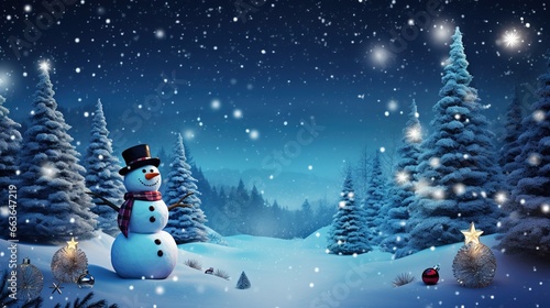 Christmas snowman with glowing trees and ornaments in a serene winter landscape, shining star, and crescent moon in falling snowflakes starry night. Christmas background - Christmas backdrop
