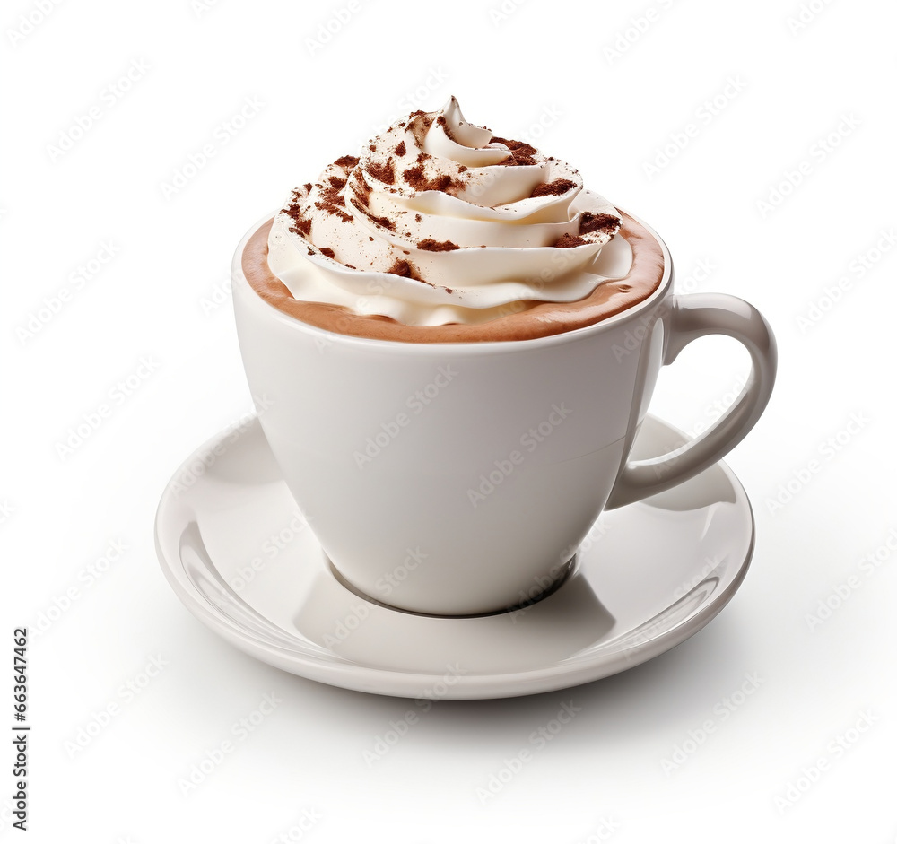 Indulgent Cup of Hot Chocolate with Whipped Cream on a White Background Indulgent Cup of Hot Chocolate with Whipped Cream on a White Background