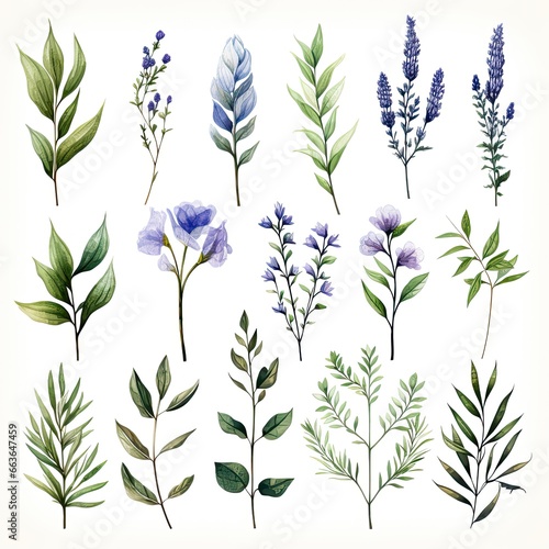 Collection of watercolor herbs clipart on white background.