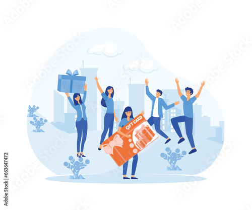 Customer happy about discount card, coupon, voucher, certificate. flat vector modern illustration 