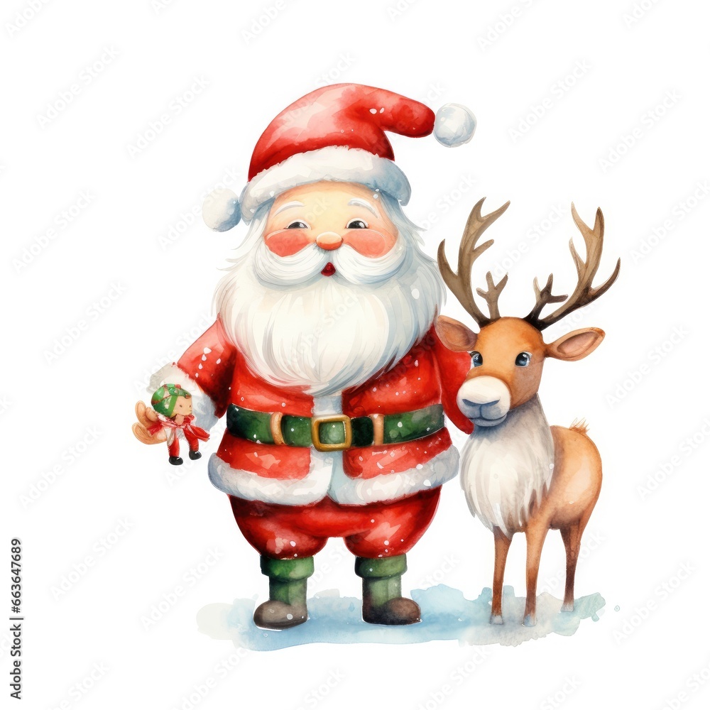 Cute Santa Claus standing with reindeer. Cute Santa Claus standing with reindeer.
