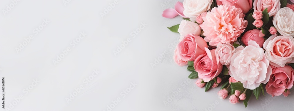 Fresh bunch of pink peonies and roses with copy space.