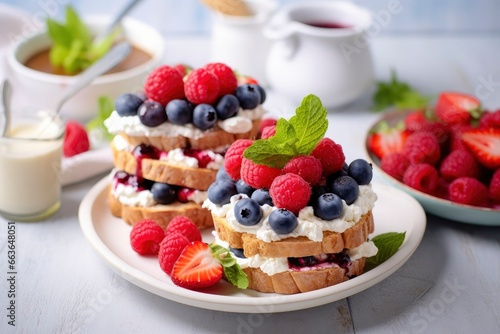 Fresh breakfast with Blueberry, Strawberry, raspberry ricotta rye sandwiches.