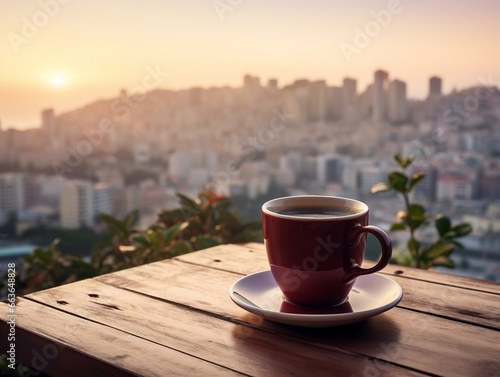 A cup of coffee on a table with a view of the city generative ai © Generative Ai