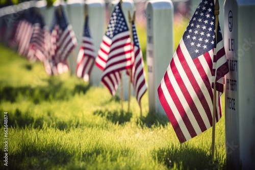 Military Headstones and Gravestones Decorated With Flags for Memorial Day.