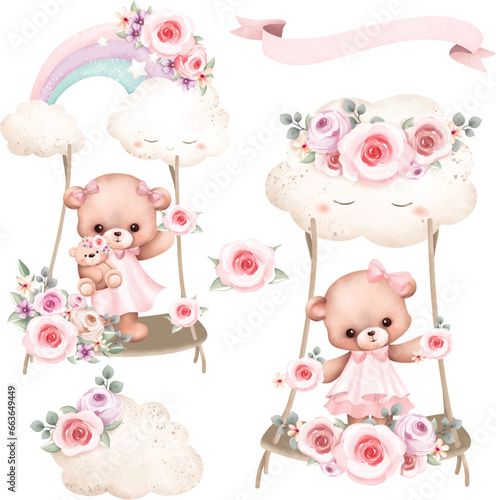 Watercolor Illustration set of cute teddy bear swing on cloud and rainbow with flower wreath elements