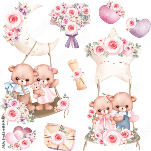 Watercolor Illustration set of cute couple teddy bear swing on star and moon with flower wreath elements