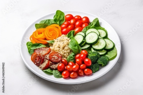 Salad with quinoa  spinach  broccoli  tomatoes  cucumbers and carrots.