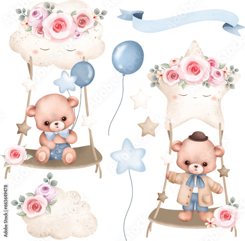 Watercolor Illustration set of cute teddy bear swing on cloud and star with flower wreath elements