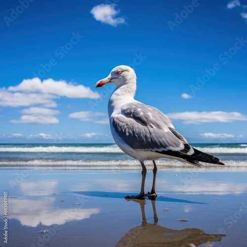 Seagull on the beach under blue sky. AI Generated