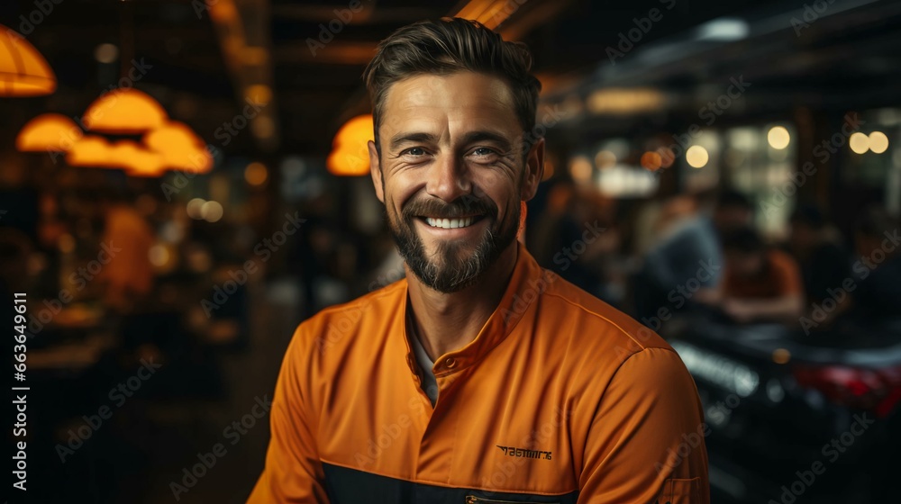 Fototapeta premium Male auto mechanic locksmith performs work on car repair at a service station workshop