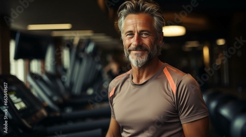 Mature male athlete with beard in sports fitness room