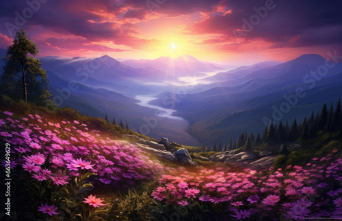 purple wild flowers at sunset on a mountain top with clouds