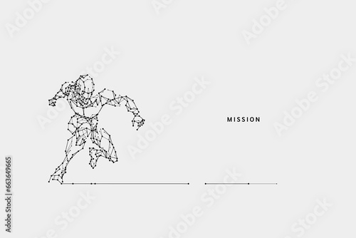 The particles, geometric art, lines, and dots of the robot moving action. conceptual of business starting and beginning. vector illustration. - line stroke weight editable