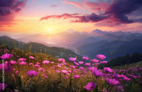 purple wild flowers at sunset on a mountain top with clouds © Kien
