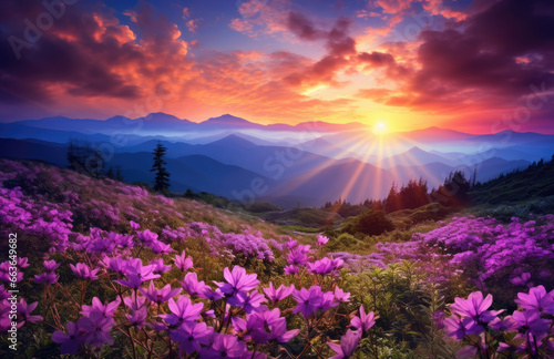 purple wild flowers at sunset on a mountain top with clouds © Kien