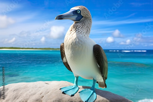 The rare blue-footed booby rests on the beach. © SAJEDA