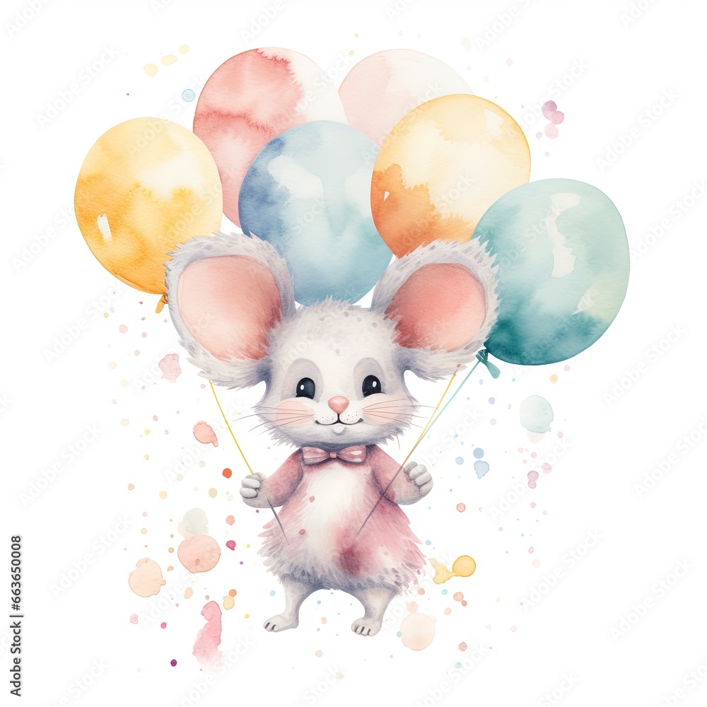 Fototapeta premium Watercolor mouse with balloons.