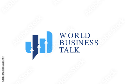 business talk and discussion logo design template. Bar chart and arrow isolated on bubble speech suitable for business forum logo design.