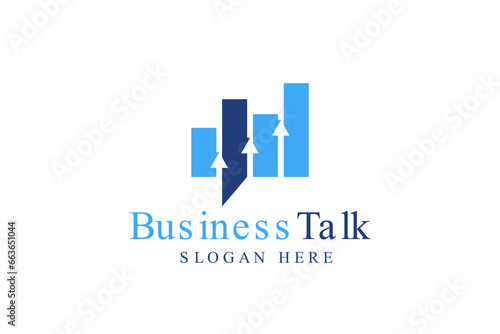 business talk and discussion logo design template. Bar chart and arrow isolated on bubble speech suitable for business forum logo design.