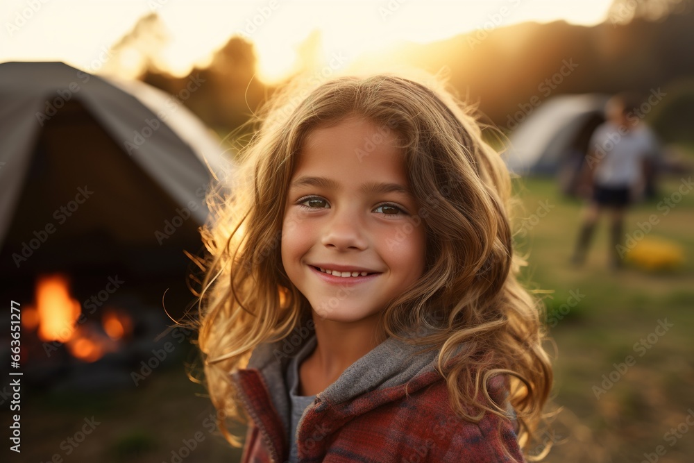 Portrait of cute little girl at camera while standing near camping tent at sunset Portrait of cute little girl at camera while standing near camping tent at sunset