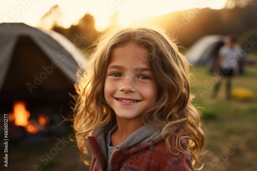 Portrait of cute little girl at camera while standing near camping tent at sunset