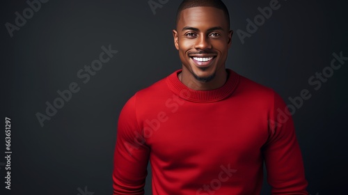 Strong black smiling African man in a red sweater on a dark background on the day of the Black Friday sale.