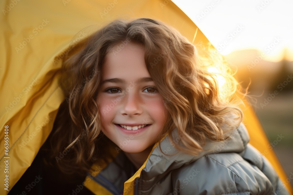 Portrait of cute little girl at camera while standing near camping tent at sunset Portrait of cute little girl at camera while standing near camping tent at sunset