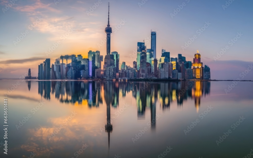 Modern city with high-rise buildings against the backdrop of sunset and reflection in the water