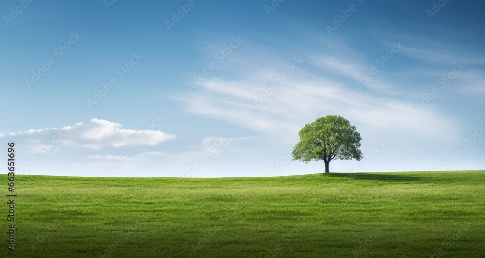 Tranquil Green Meadow with Lone Tree under Blue Sky Tranquil Green Meadow with Lone Tree under Blue Sky