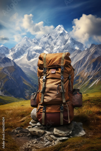 Hikers bag on mountain background