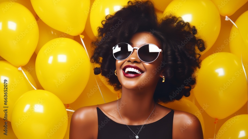 Happy, laughing dark-skinned young girl on a holiday, on a yellow background among yellow and black balloons on the day of the Black Friday sale. - obrazy, fototapety, plakaty 