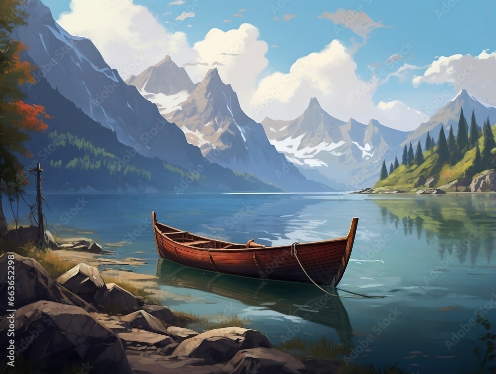 A boat on a lake with mountains in the background generative ai