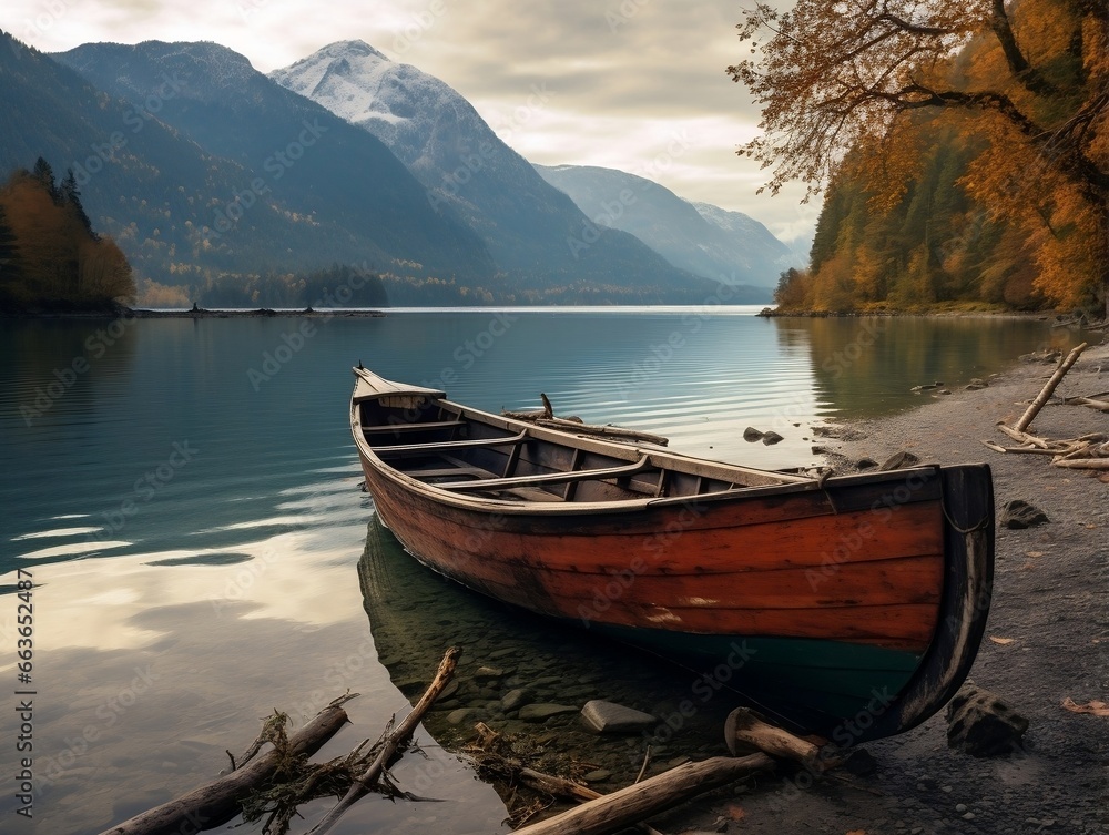 A boat on a lake with mountains in the background generative ai