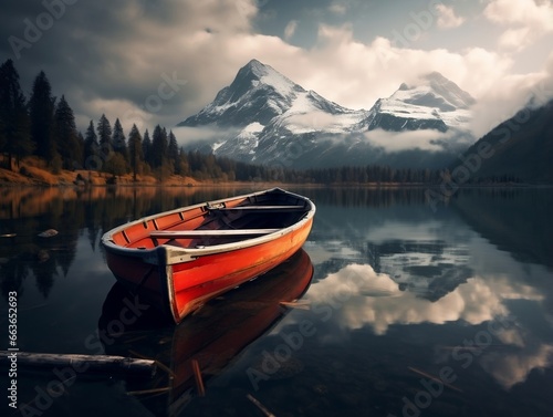 A boat on a lake with mountains in the background generative ai