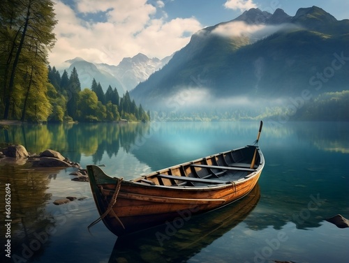 A boat on a lake with mountains in the background generative ai