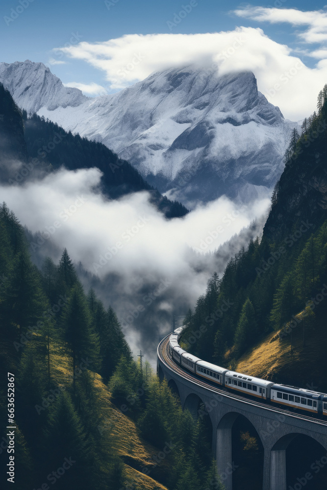 Beautiful natural Panoramic view with running train on railroad bridge.