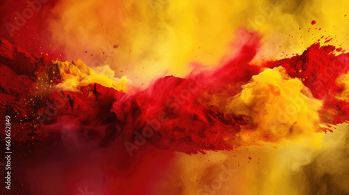Red and yellow colored powder explosions on black background. Holi paint powder splash in colors of Spanish flag
