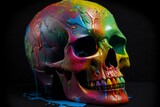 Colorful melting skull with intricate carving, rainbow splatter, and bright splashes of light in a sleek aesthetic. Generative AI