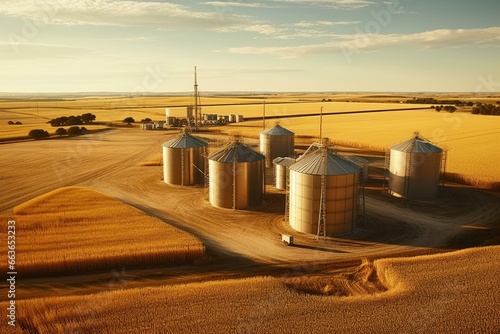 Aerial view of wheat field with grain elevator, flour mill silos, and golden farmland. Generative AI photo