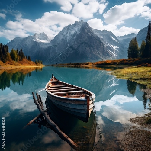 A boat on a lake with mountains in the background generative ai © Generative Ai