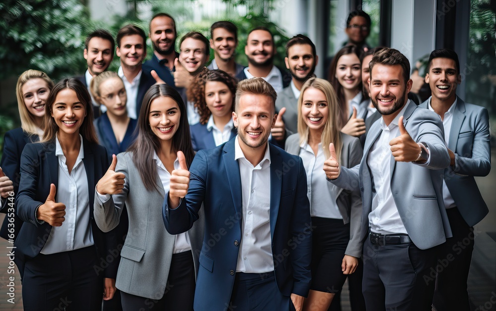 Business leaders with employees group showing thumbs up looking at camera, happy professional multicultural office team people recommend best corporate service, proud or good career, human resource Business leaders with employees group showing thumbs up looking at camera, happy professional multicultural office team people recommend best corporate service, proud or good career, human resource