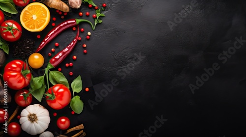 Spices and herbs over black stone background. Top view with free space for menu or recipes.