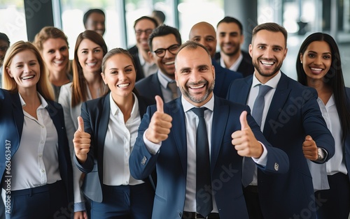 Business leaders with employees group showing thumbs up looking at camera, happy professional multicultural office team people recommend best corporate service, proud or good career, human resource